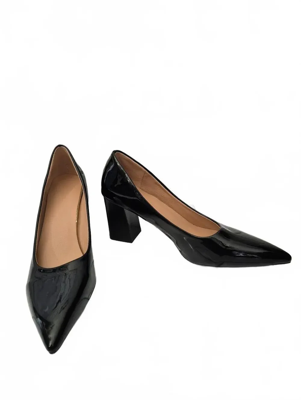 Black Patent Faux Leather Pointed-Toe Pumps With A Classic Slip-On Design And St